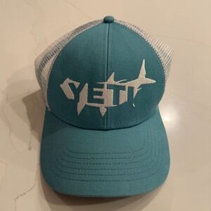 YETI Coolers Trucker Hat Teal Blue White Shark Logo Snapback Mesh Cap